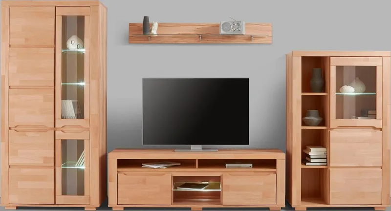 OTTO home Wohnwand Denis, (Set, 4-St), Breite: 340cm, 1Vitrine, 1Stauraumvitrine, 1 Lowboard und 1 Wandregal, Braun, – Produktbild 4 von 8