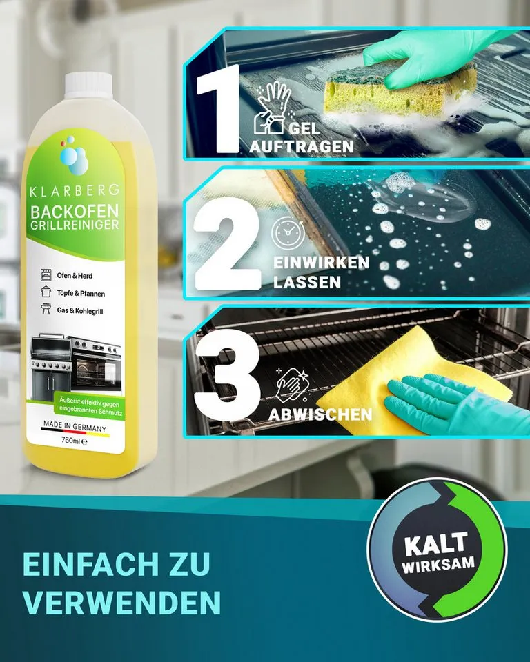 Klarberg Backofen- & Grillreiniger extra stark – für Ofen, Grill, Gasgrill Backofenreiniger (Spar-Set, [- geruchsneutral, extra stark) – Produktbild 3 von 5