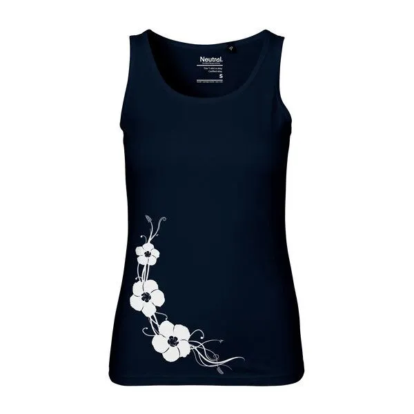 HANDGEDRUCKT HANDGEDRUCKT Frauen Tank Top "Hibisken" aus 100% Bio Baumwolle (kbA), Navy blue, – Produktbild 1 von 2