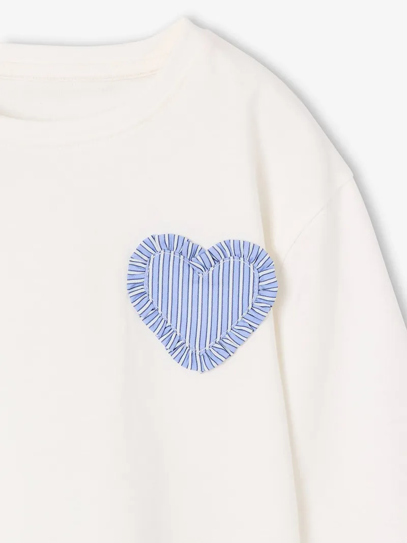 Vertbaudet Shirt mit Herz-Applikation Mädchen, Wollweiß/herz gestreift, – Produktbild 3 von 3