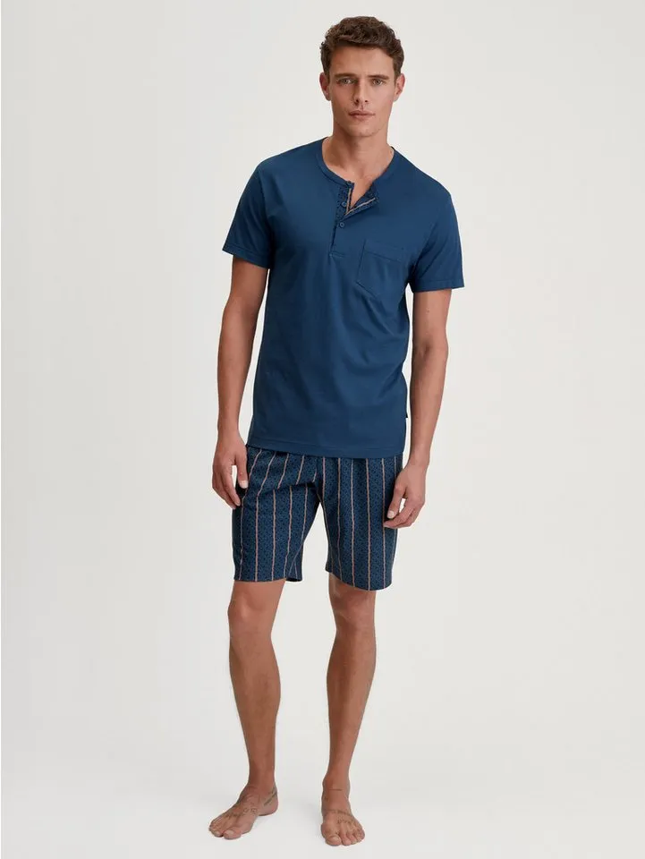 CALIDA CALIDA Shorty Relax Imprint 1 (2 tlg) mit Rundhalsausschnitt, Knopfleiste, kurze Ärmel, Single Jersey, Blau, – Produktbild 1 von 5