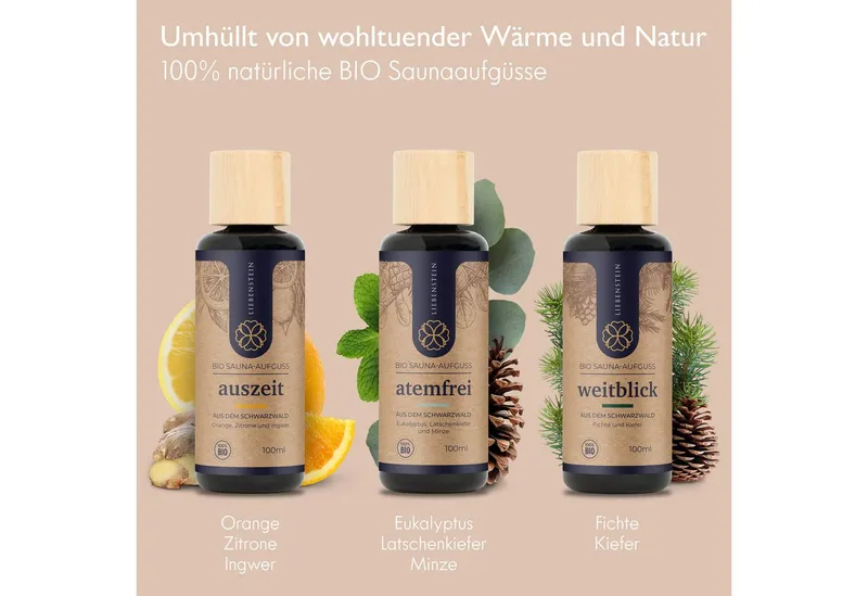 Liebenstein Sauna-Aufgussset Wohlfühl-Trio Duftöle mit naturreinen ätherischen Ölen (erfrischendes Sauna Aufgussöl, 3-tlg) 3 Bio Saunaaufgüsse à 100 ml – Produktbild 4 von 5