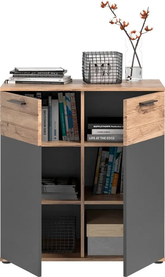 Home affaire Sideboard Riga, Breite 90 cm, 2 Türen mit Softclose, 4 Einlegeböden, 6 Fächer, hochwertige Rillenfräsung, Schuhkommode, Kommode, Anrichte, Schrank, Grau, – Produktbild 4 von 5