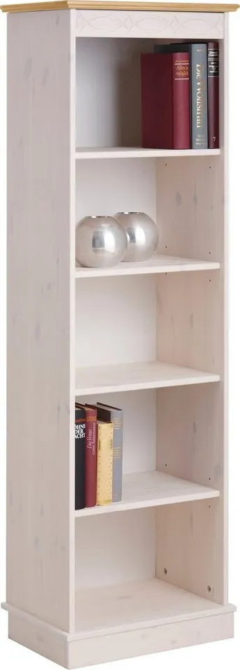 OTTO home Standregal Indra Bücherregal mit 5 Fächern und einer dekorativen Fräsung, aus Massivholz, 4 Einlegeböden, dekorative Fräsung, Weiß, – Produktbild 2 von 5
