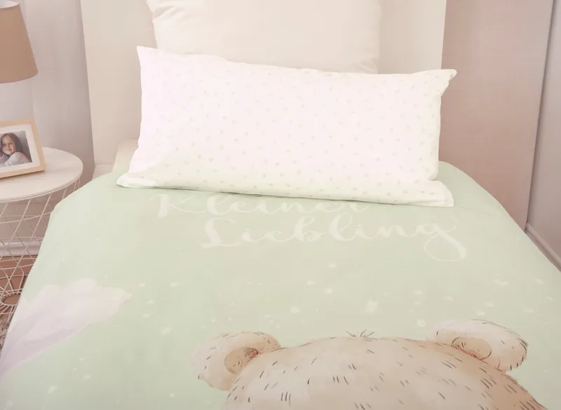 OTTO home Kinderbettwäsche Kleiner Liebling in Gr. 100x135 und 135x200 cm, Renforcé, 2 teilig, aus Baumwolle, mit niedlichem Bärenmotiv & Schriftzug, Babybettwäsche, Grün, – Produktbild 3 von 7