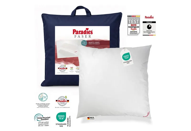 Paradies Paradies Kunstfaserkopfkissen Paradies Kopfkissen Softy fest 80x80 hohes Bauschvolumen Außensteg, Füllung: Paradies Softys, Bezug: 100% Bio Baumwolle, Seitenschläfer, Bauchschläfer, Rückenschläfer, Weiß, – Produktbild 2 von 5
