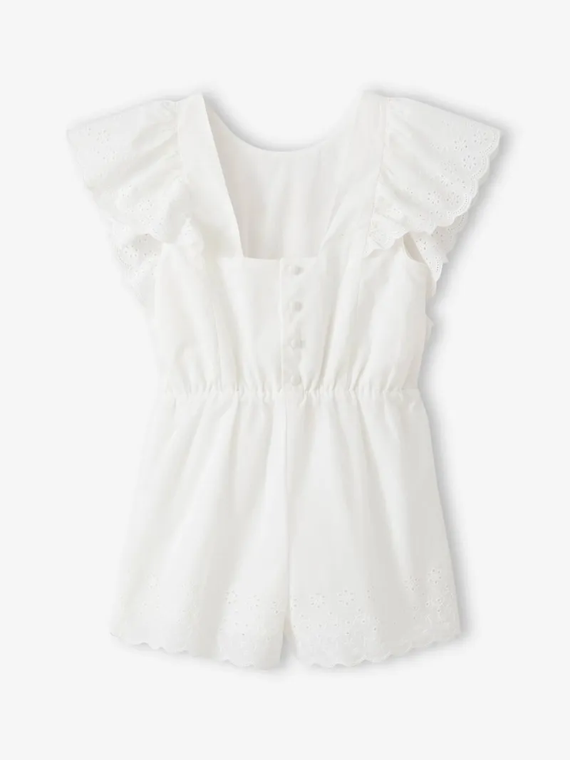 Vertbaudet Kurzer Mädchen Jumpsuit mit Stickerei und Volants, Weiß, – Produktbild 2 von 4