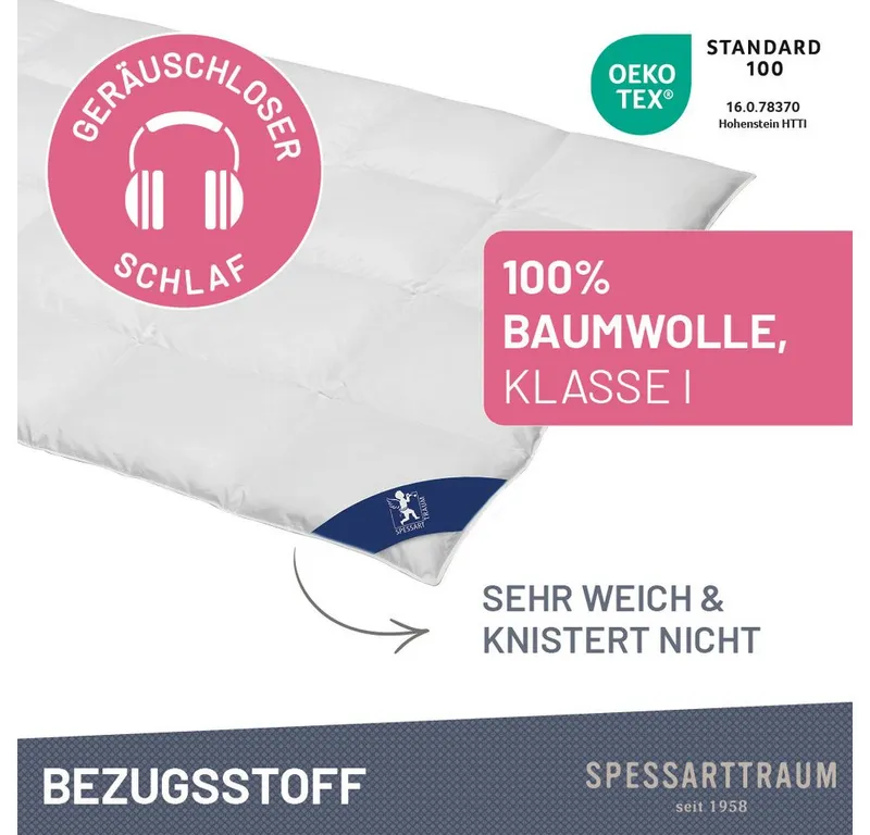 Spessarttraum Spessarttraum Gänsedaunenbettdecke Premium 100% Gänsedaunen, hergestellt in Deutschland, Füllung: 100% Gänsedaunen, Klasse 1, Downpass zertifiziert, Bezug: 100% Baumwolle, Made in Green, Hausstauballergiker geeignet, 4 Wärmeklassen & 5 Größen, Bestseller, hergestellt in Deutschland, Weiß, – Produktbild 5 von 5