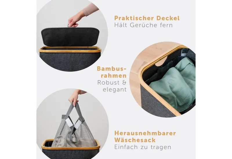 Blumtal Wäschekorb 1,2 oder 3 Fächer mit herausnehmbaren Wäschesäcken 100, 140 oder 150L, in drei Größen erhältlich, Schwarz, – Produktbild 3 von 5