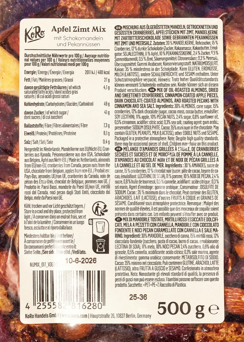 KoRo Apfel Zimt Mix mit Schokomandeln und Pekannüssen 500 g – Produktbild 4 von 5