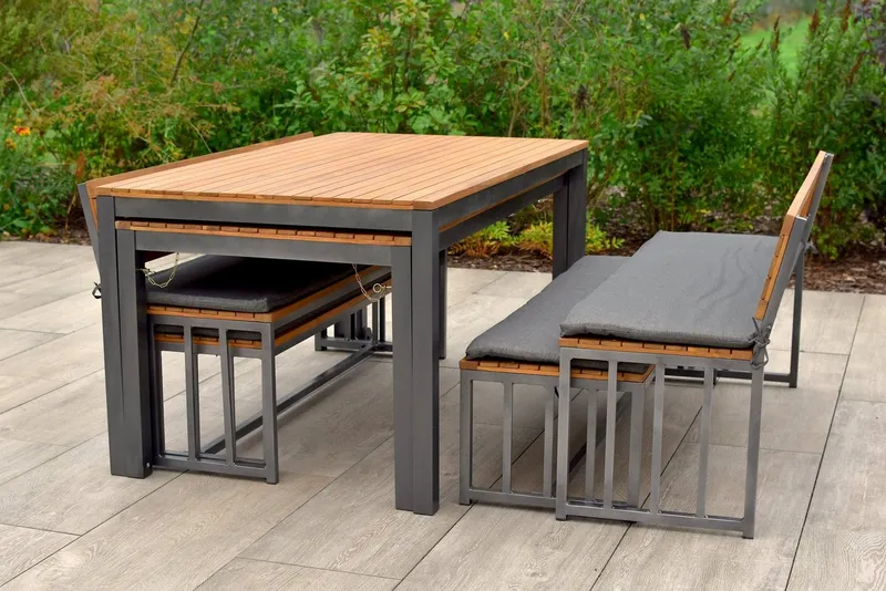 Merxx Merxx Garten-Essgruppe Milos, (Set, 10-tlg., 4 Bänke (2x mit und 2x ohne Rückenlehne), 2 Tische, 4 Sitzkissen), Set ist komplett ineinander verstaubar, geeignet für 12 Personen, Braun|grau, – Produktbild 5 von 5