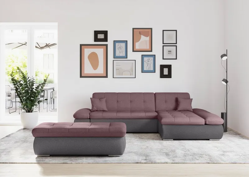 DOMO collection Ecksofa MORIC 300x172 cm, XXL-Sofa mit viel Platz, L-Form, auch in Cord, wahlweise mit Bettfunktion und Armteilverstellung, grau-beere, Grau, – Produktbild 4 von 5