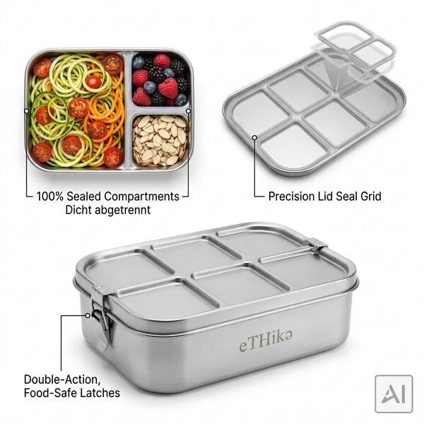eTHikǝ eTHikǝ Edelstahl Bento Lunchbox 1600ml mit 3 Fächern – Auslaufsicher & Robust / Stainless Steel Bento Lunchbox 1600ml (3 Compartments) – Leak-Proof & BPA-Free – Produktbild 2 von 4