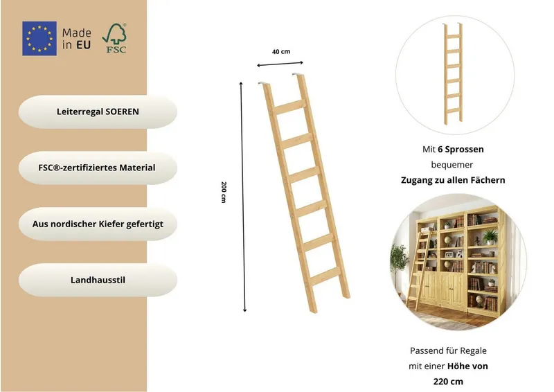 OTTO home Leiterregal Soeren Leiter B/T/H: 40/1,8/190 cm, massive Kiefer, FSC®-zertifiziert, passend für Regal Soeren Höhe 220 cm, funktionales Design, Beige, – Produktbild 3 von 5