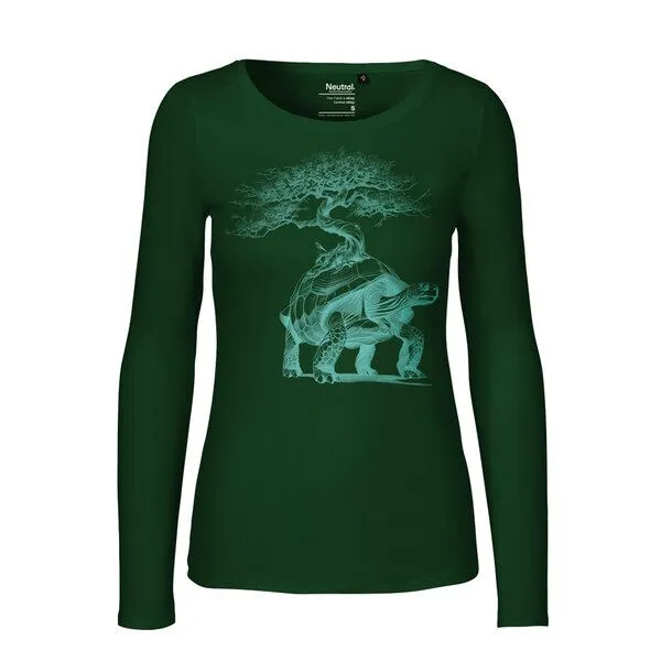 HANDGEDRUCKT HANDGEDRUCKT "Lange Reise" Frauen Longsleeve aus reiner Biobaumwolle (kbA), Bottle green, – Produktbild 1 von 3