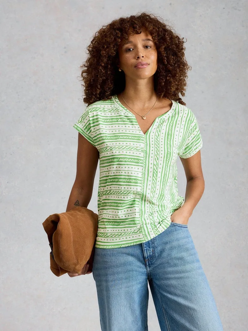 White Stuff T-Shirt Nelly mit Keilausschnitt - 34, Grün multi, – Produktbild 3 von 4