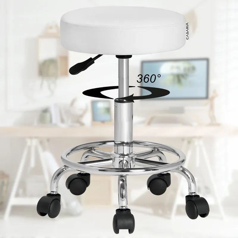 Casaria® Rollhocker Kunstleder Weiß 360° drehbar Fußablage, Weiß, – Produktbild 2 von 2