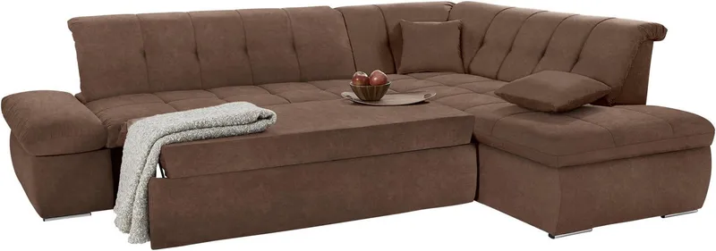 DOMO collection Ecksofa NMORIC inkl. Zierkissen 273x216x80 cm L-Form, Ottomanen-Abschluss, wahlweise mit Bettfunktion und Armlehnverstellung, Braun, – Produktbild 7 von 8