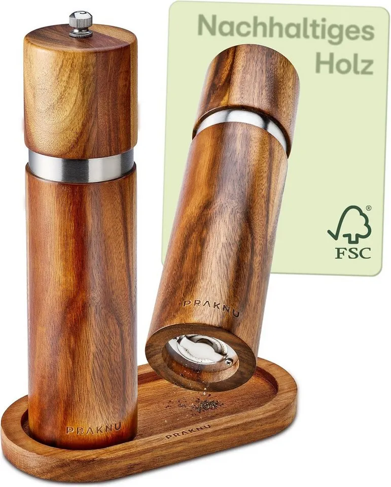 Praknu Salz-/Pfeffermühle Salz und Pfeffermühle aus Akazienholz mit Untersetzer manuell, Beige, – Produktbild 2 von 5