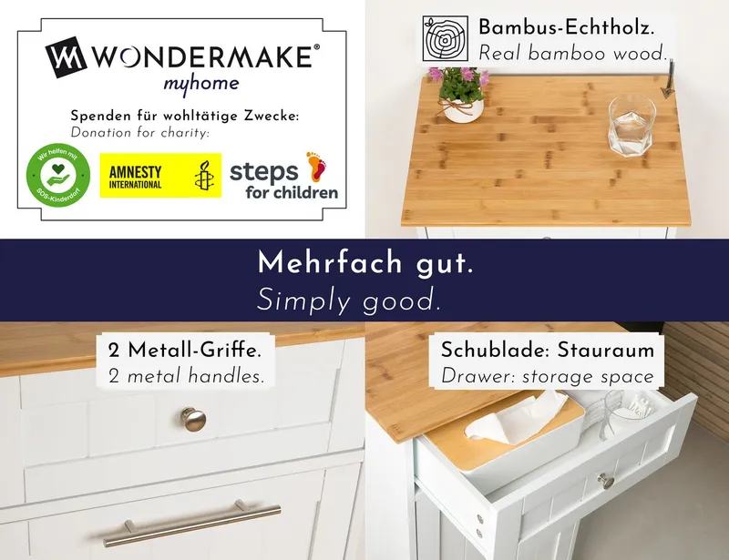 WONDERMAKE Wäschebox Mülleimer-Schrank Wäscheschrank Wäschesammler mit Schublade, Bad Küche, hoch aus Holz + Bambus, Wäschetruhe Abfallschrank ausklappbar klappbar, Weiß, – Produktbild 4 von 5