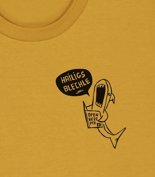 päfjes päfjes Hailigs Blechle Hai Kochen - Unisex Männer T-Shirt Bio & Fair, Ochre (gelb), – Produktbild 4 von 4
