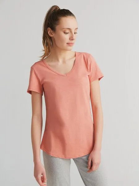 Leela Cotton Leela Cotton Damen Flammé V-Neck-Shirt Bio-Baumwolle, Lachs, – Produktbild 2 von 2