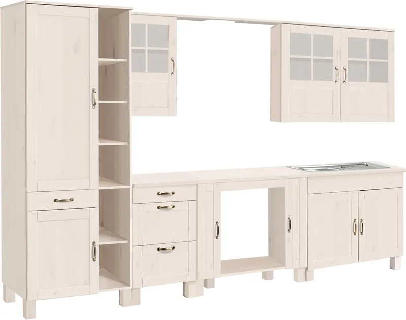 Home affaire Küchenzeile Alby, Breite 325 cm, aus Kiefer massiv, ohne E-Geräte, Weiß, – Produktbild 1 von 4