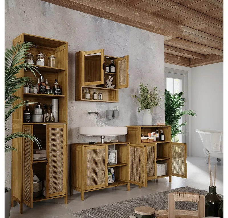 Vicco Badezimmerspiegelschrank Liora, Bambus/Rattan, 56 x 58 cm mit Spiegel (1-St), Braun, – Produktbild 5 von 5