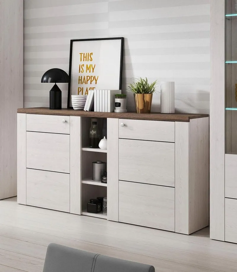 OTTO home Sideboard Larona, zeitlose Kommode mit 2 Türen, Türkommode, Breite 155 cm, Höhe 84 cm, viel Stauraum, Anrichte mit dekorativer Rahmenoptik, Weiß, – Produktbild 2 von 4