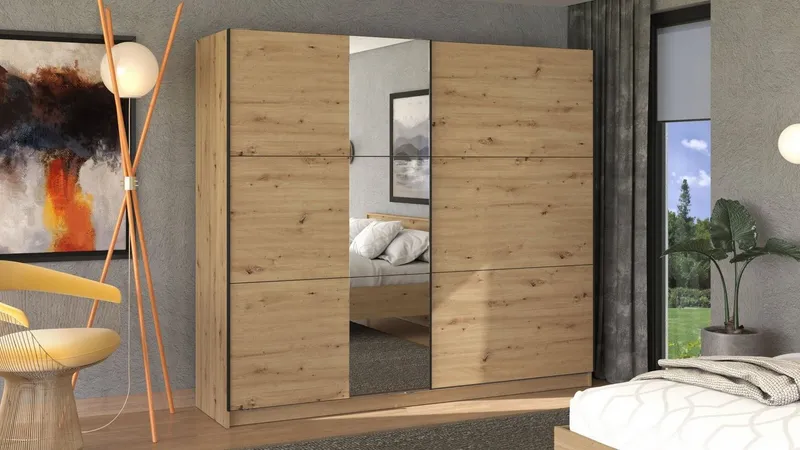 OTTO home Schwebetürenschrank Sierra Kleiderschrank mit Spiegel Garderobe Topseller inklusive Inneneinteilung & Kleiderstange, FSC®-Zertifiziert, Beige, – Produktbild 2 von 5