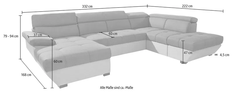 COTTA Wohnlandschaft Speedway U-Form, mit Kopfteilverstellung, wahlweise mit Schlaffunktion & Bettkasten, Schwarz, – Produktbild 4 von 5