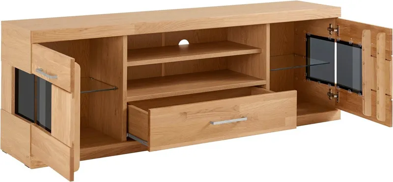 OTTO home Lowboard Ribe,160cm breit,55cm hoch,Oberplatte massiv, Korpus Holzwerkstoff,Glaseinsatz aus gehärtetem Glas,Böden versetzbar, Braun, – Produktbild 4 von 5