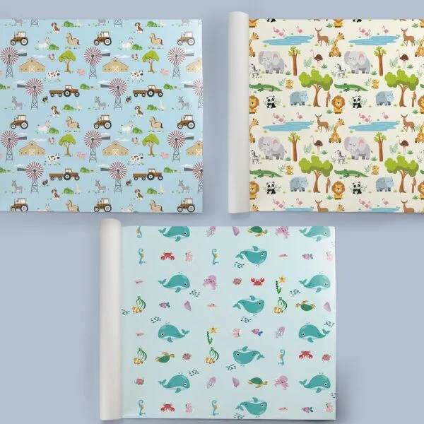 Fines Papeterie Fines Papeterie 3x 3m Geschenkpapier Set für Kinder SET 2 mit Meer, Bauernhof und Safari Motiven 3 Rollen je 300x47 cm – Produktbild 2 von 4