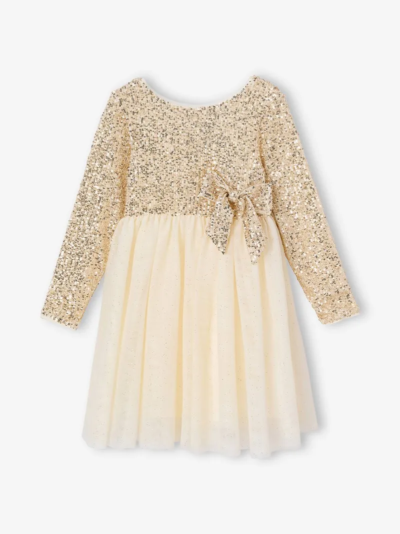 Vertbaudet Vertbaudet Mädchen Festkleid mit Schleife und Rückenausschnitt, Gold, – Produktbild 2 von 4