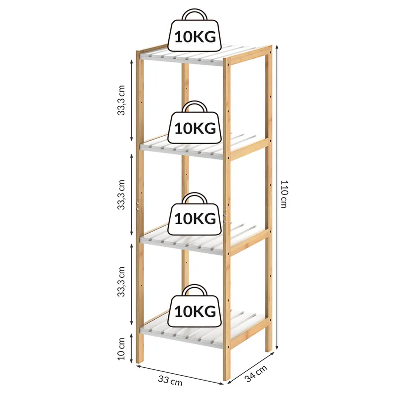 Casaria® Standregal Bambus Weiß 110x33x34cm, Weiß, – Produktbild 2 von 2