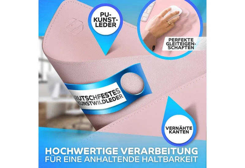 MAXLVL Gaming Mauspad Schreibtischunterlage - Mauspad mit Vernähte Kanten - abwaschbar (60x35 cm, Schreibtisch Unterlage für Büro), Tischunterlage Schreibtisch aus PU-Leder, Rosa, – Produktbild 5 von 5