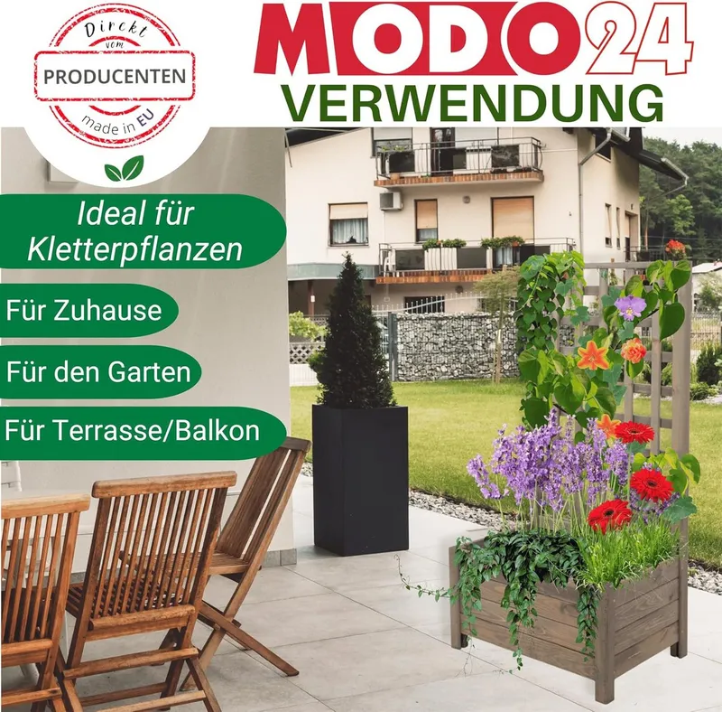 Modo24 Blumenkasten aus Holz, Pflanzkübel, Balkonkasten mit / ohne oder nur Rankgitter, Blumenkübel Holzkiste Garten Terrasse, Imprägniert Wetterfest Outdoor, Beige|grau, – Produktbild 4 von 5