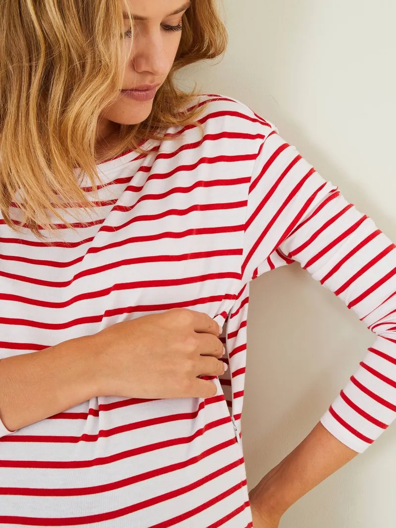 Vertbaudet Umstandsshirt mit verdeckten Stillöffnungen, Weiß/rot gestreift, – Produktbild 2 von 4