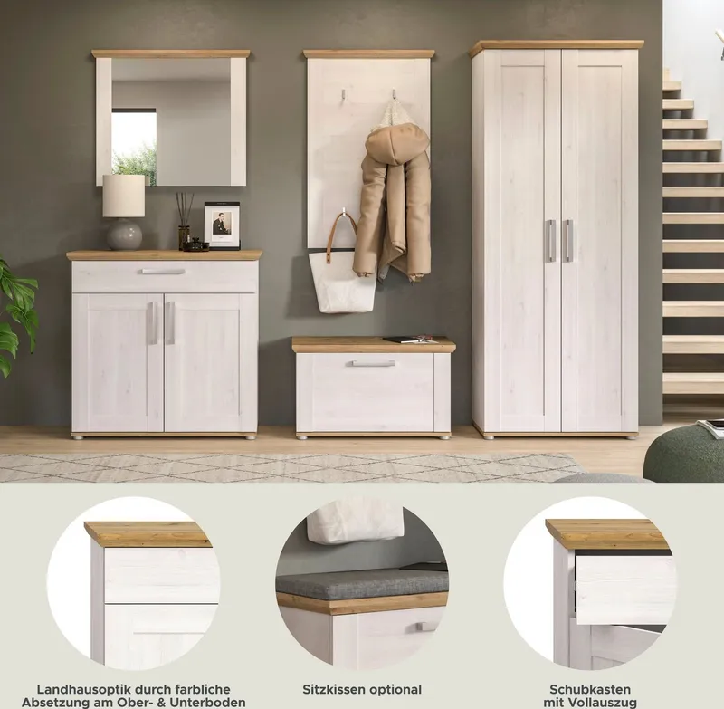 Home affaire Garderoben-Set COSENZA, Breite ca. 285 cm, 5-teilig, in Landhausoptik, (5-St., Garderobenschrank, Sitzbank, Garderobenpaneel, Schuhschrank, Spiegel), Garderobenkombination, Kombination, Diele, Garderobe, Garderobenmöbel, Weiß, – Produktbild 1 von 5