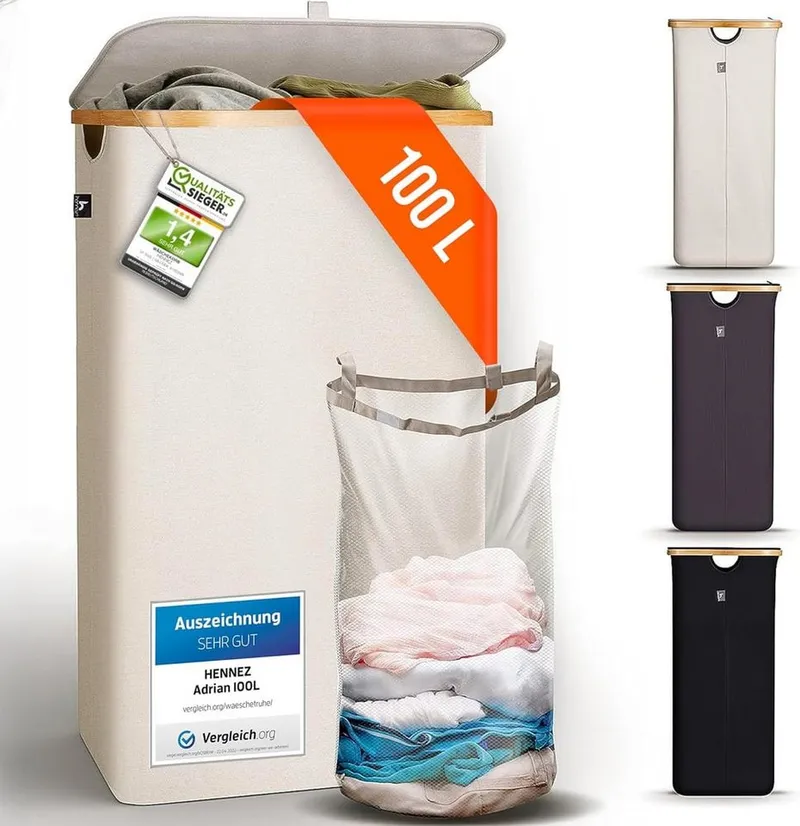 HENNEZ Wäschekorb mit Griff aus Bambus, 100 l – Wäschekorb mit Deckel, Beige|weiß, – Produktbild 2 von 5