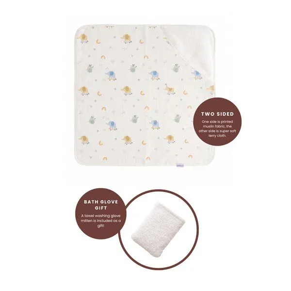 Bebekevi Bebekevi Baby Kapuzenbadetuch 75 × 75 cm aus Musselin & Frottee | Weiche Musselin-Innenseite | inkl. Waschhandschuh | Gemustert, Naturweiß elefant, – Produktbild 3 von 4