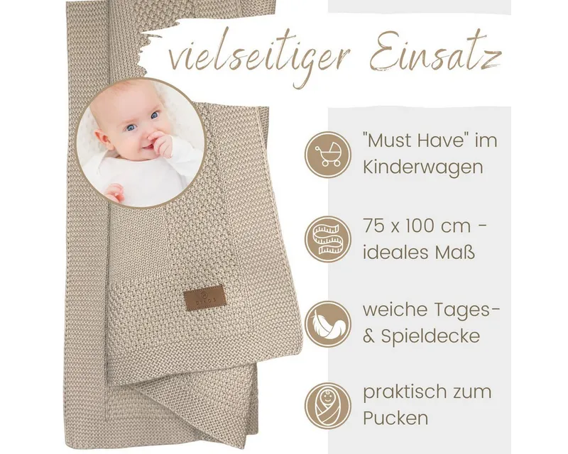 Babydecke DIKOS® Kuscheldecke Bordüre *100%* Bio Baumwolle, Geschenk zur Geburt, DIKOS, Strickdecke 75×100, Baby Erstausstattung Neugeborene, Babygeschenk, Warmes taupe, – Produktbild 4 von 5