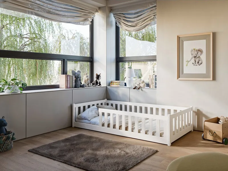 Kids Collective Kinderbett Bodenbett Bett mit Rausfallschutz & Lattenrost Montessori Bett Kinder (Jungen, Mädchen, Kinder, weitere Größen 80x160, 80x180, 90x190, 120x200, 140x200 cm), Jugendbett Gitterbett Einzelbett, weiß Kiefer 90 x 200 cm, Weiß, – Produktbild 4 von 5