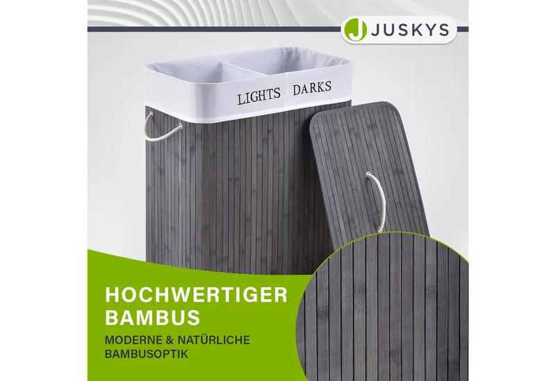 Juskys Wäschekorb Curly 100 L in Grau aus Bambus mit Deckel, 2 Fächern & Wäschesack, Wäschesammler für Familien, faltbar mit Tragegriffen, 52 x 32 x 63 cm, Grau, – Produktbild 5 von 5