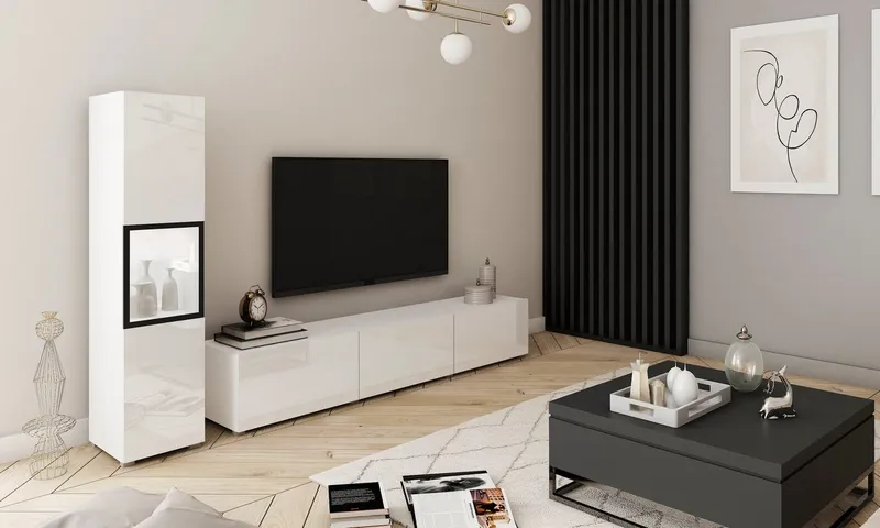 Home affaire Wohnwand BERLIN I, Vitrine Türschlag links/rechts wechselbar, (Komplett-Set, 2-St), moderne grifflose Mediawand Breite 220 cm, Vitrine mit Verglasung, Weiß, – Produktbild 5 von 5