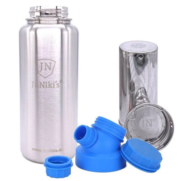 JN JuNiki's JN JuNiki's isolierte Edelstahl Trinkflasche 1 Liter + Teefilter, Blau, – Produktbild 1 von 4