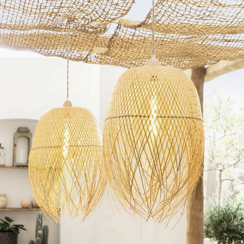 Dekoleidenschaft Lampenschirm "Ibiza" 2er Set für Hängelampe, Bambus, Hängelampenschirm Ersatzschirm, Ersatzschirm Ø 42 x 62 cm für Pendelleuchte, Deckenlampe, Beige, – Produktbild 1 von 5