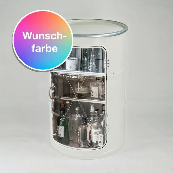 Lockengelöt Lockengelöt Hausbar Vitrine aus einem Hamburger Ölfass, Wunschfarbe (gepulvert), – Produktbild 2 von 3