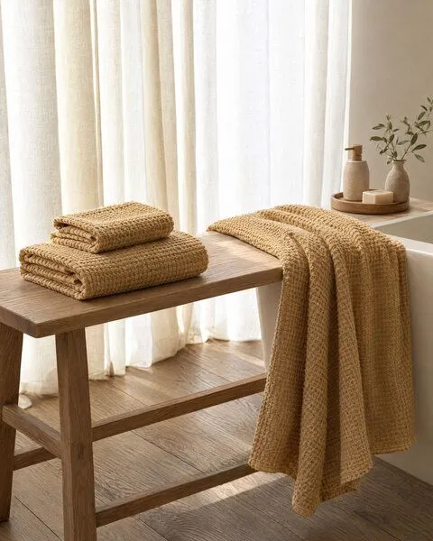 AmourLinen AmourLinen Waffel-Handtuch-Set aus Leinen, Spa-Pack, 4 Badetücher + 2 Handtücher, Senfgelb, – Produktbild 2 von 3