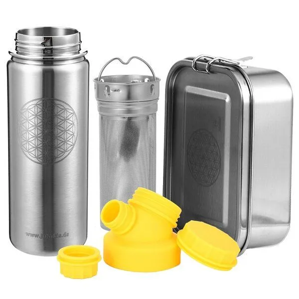 JN JuNiki's JN JuNiki's Set "Blume des Lebens": Lunchbox + 550ml Edelstahltrinkflasche + Teefilter, Gelb, – Produktbild 1 von 4